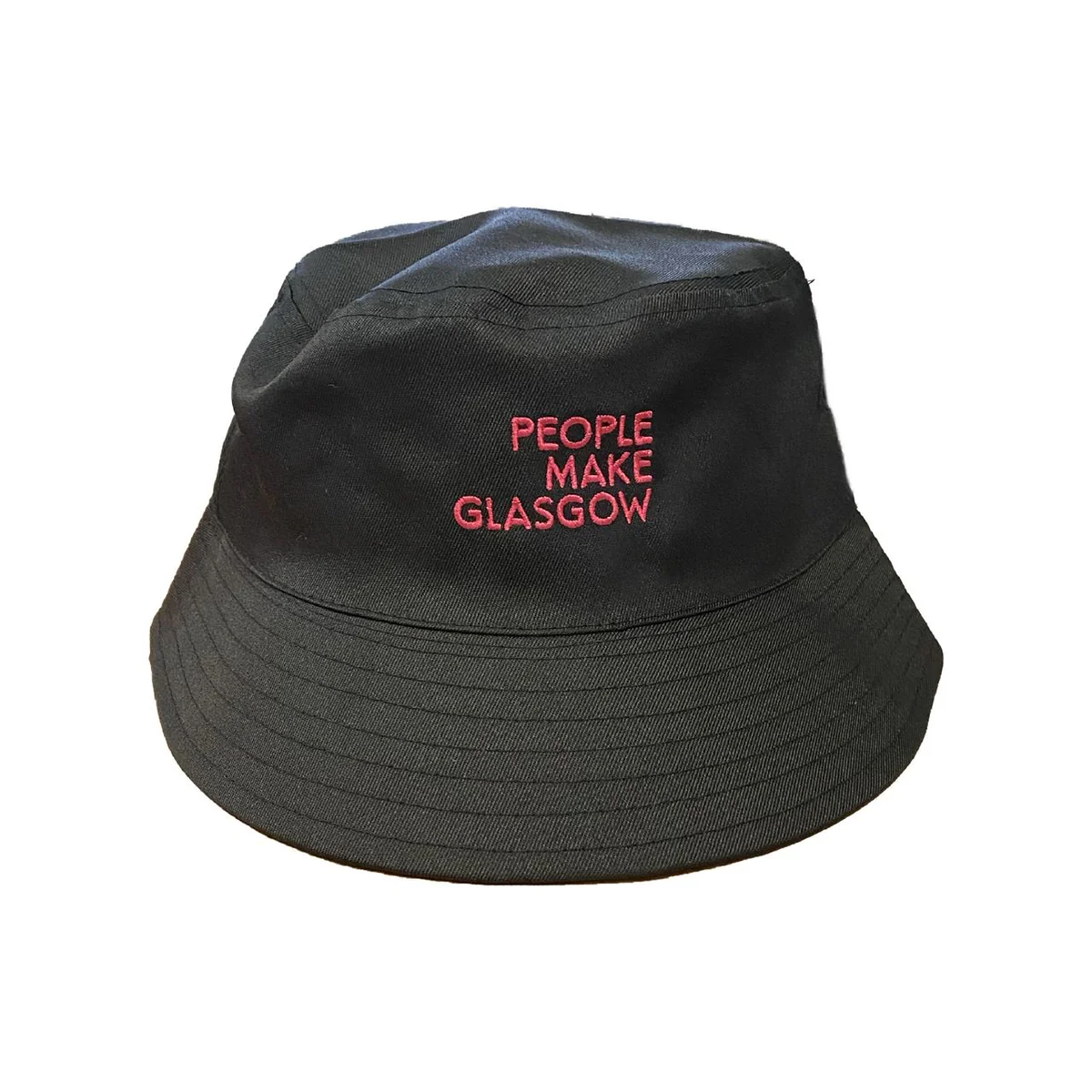 A black bucket hat with the text "People make Glasgow" in pink