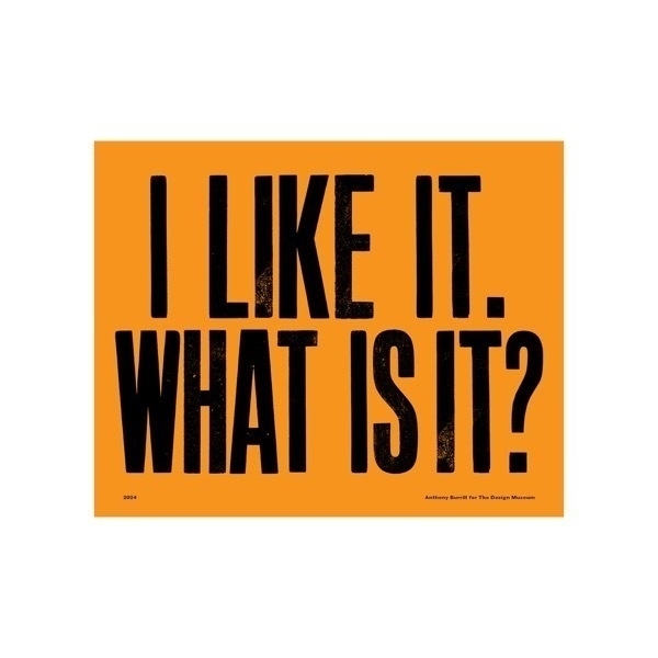 A print with big, bold black text on an orange background, saying: I like it. What is it?
