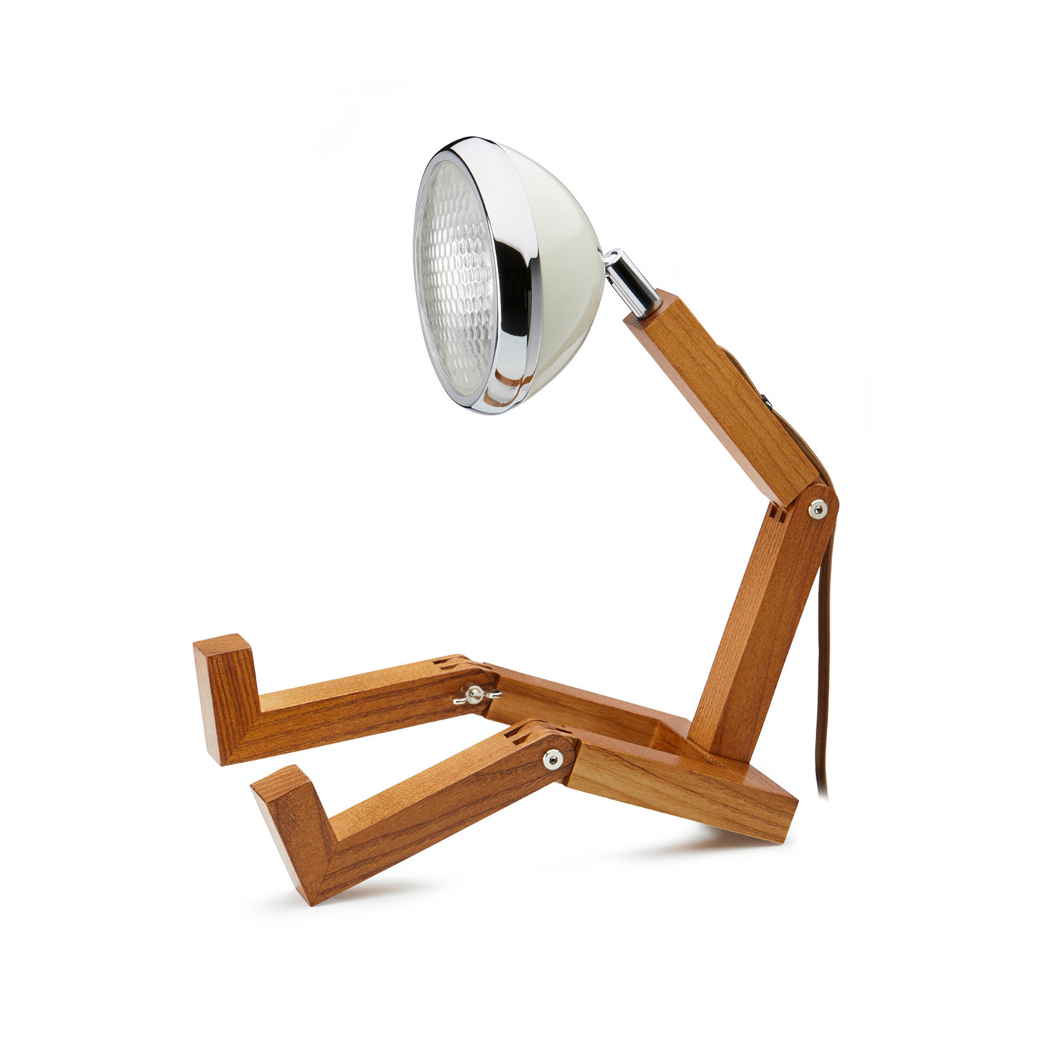 A wooden articulated LED lamp that looks like a sitting figure