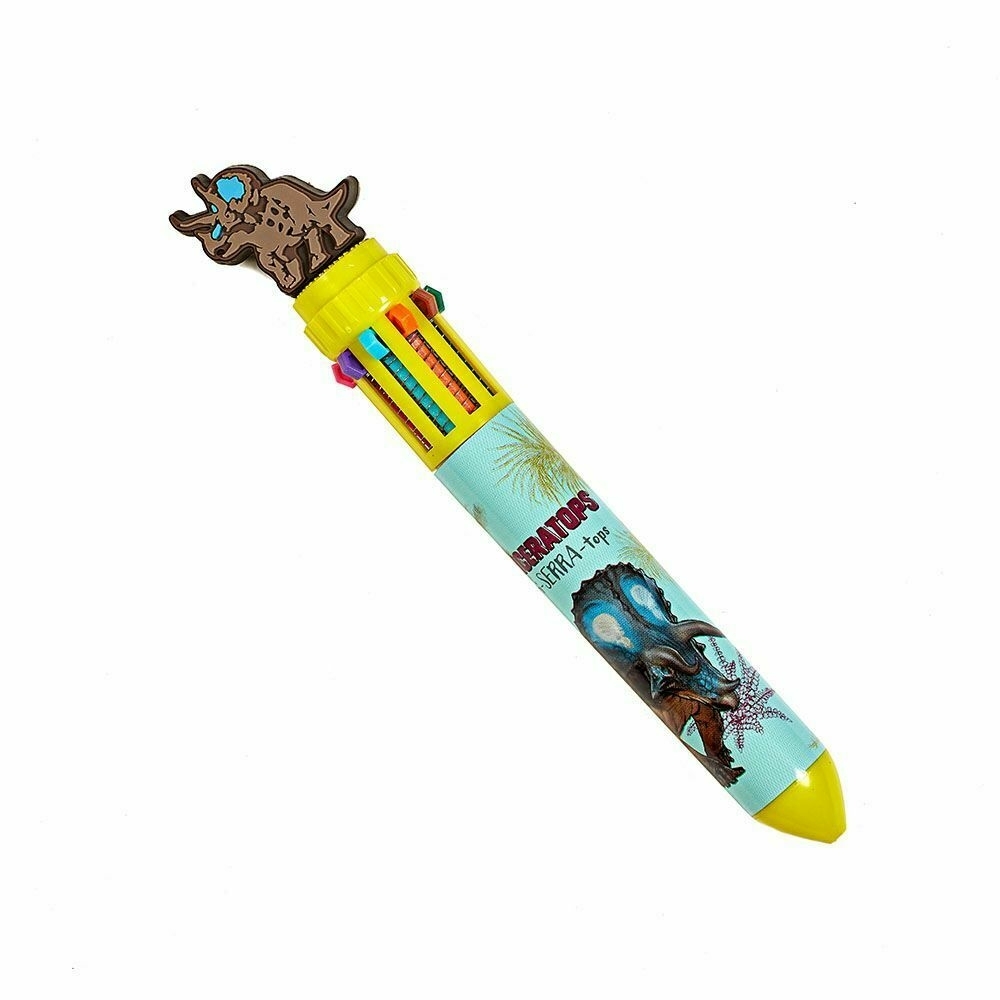 Brightly coloured colour biro pen.