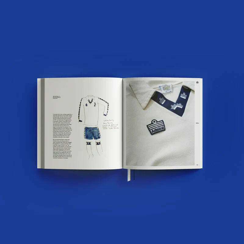 Pages from the book showing the original sketches for the design of an Admiral Spurs shirt, along with a close-up photo of the shirt itself