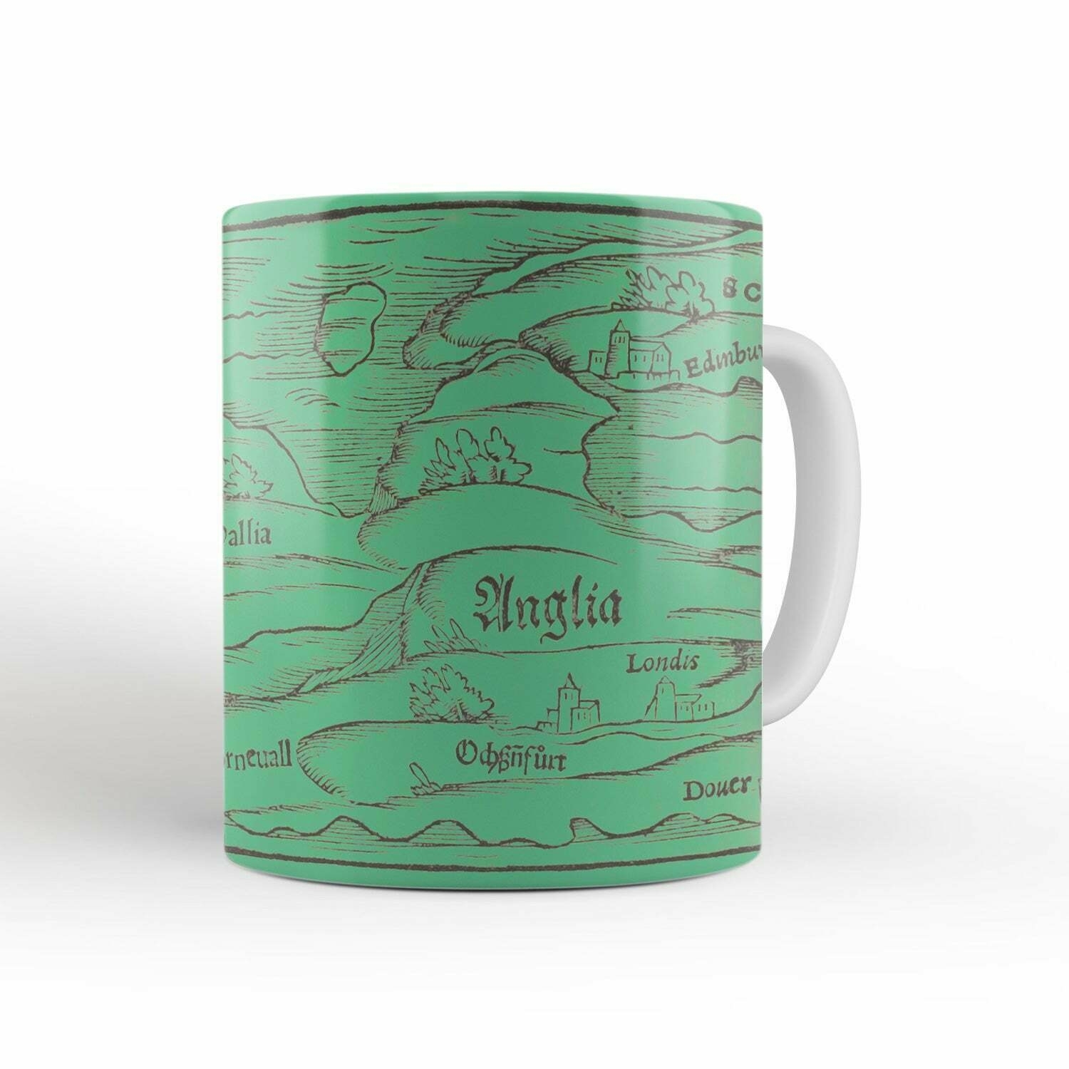 A green mug with a 16th century map of Great Britain