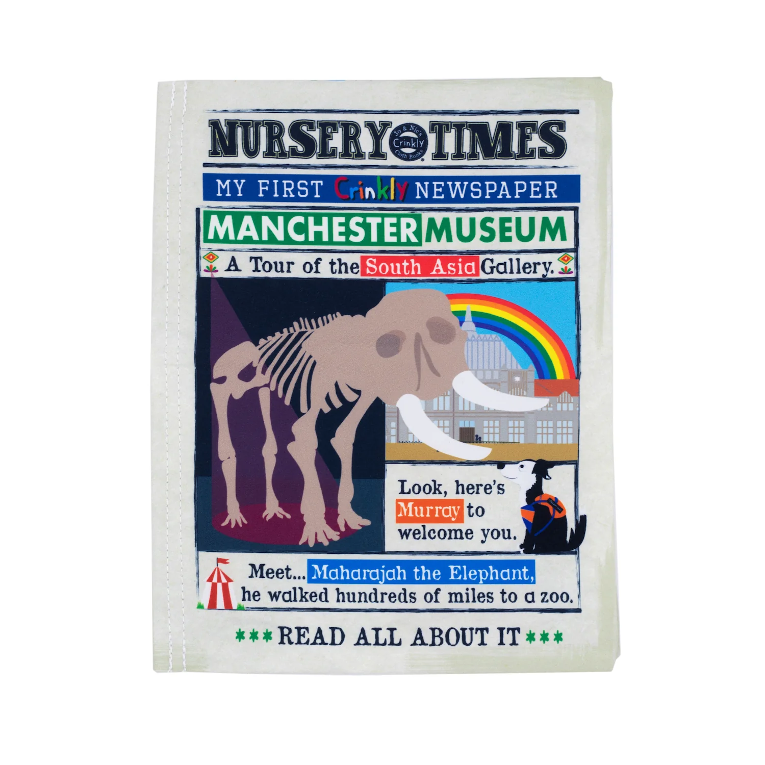 Crinkly cloth newspaper with stories about manchester museum 