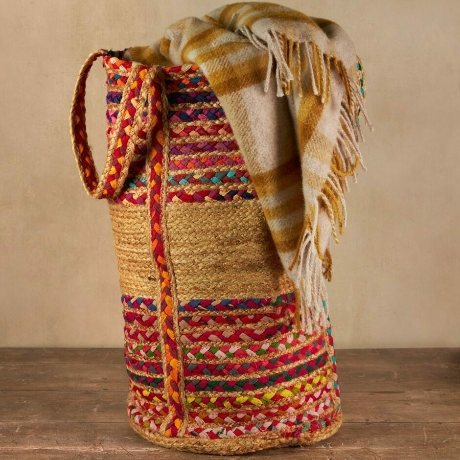 A multicoloured woven laundry bag