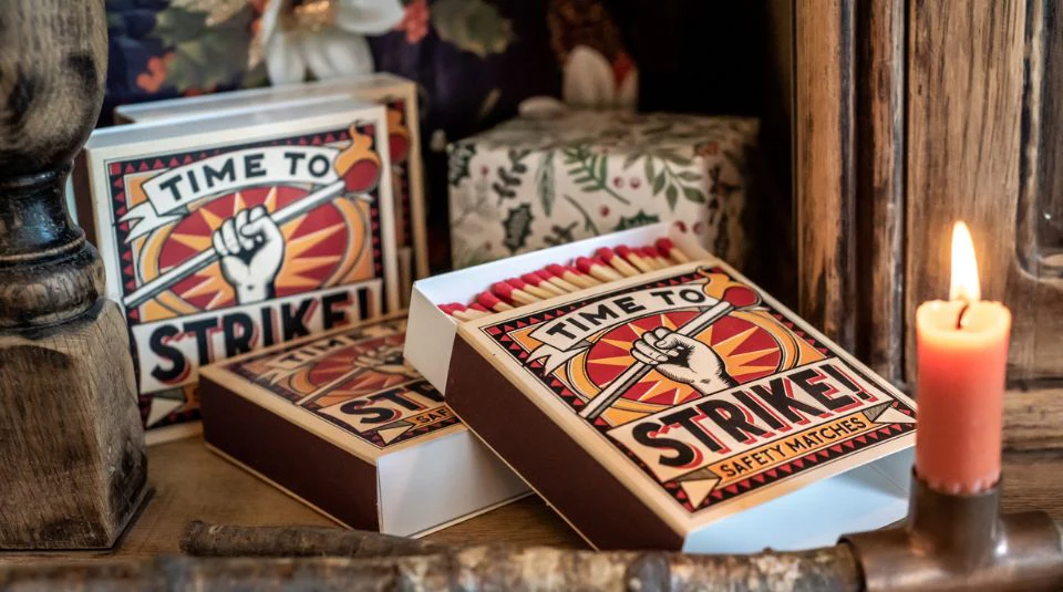 Matchboxes with the Time To Strike graphic by the Rickard Sisters