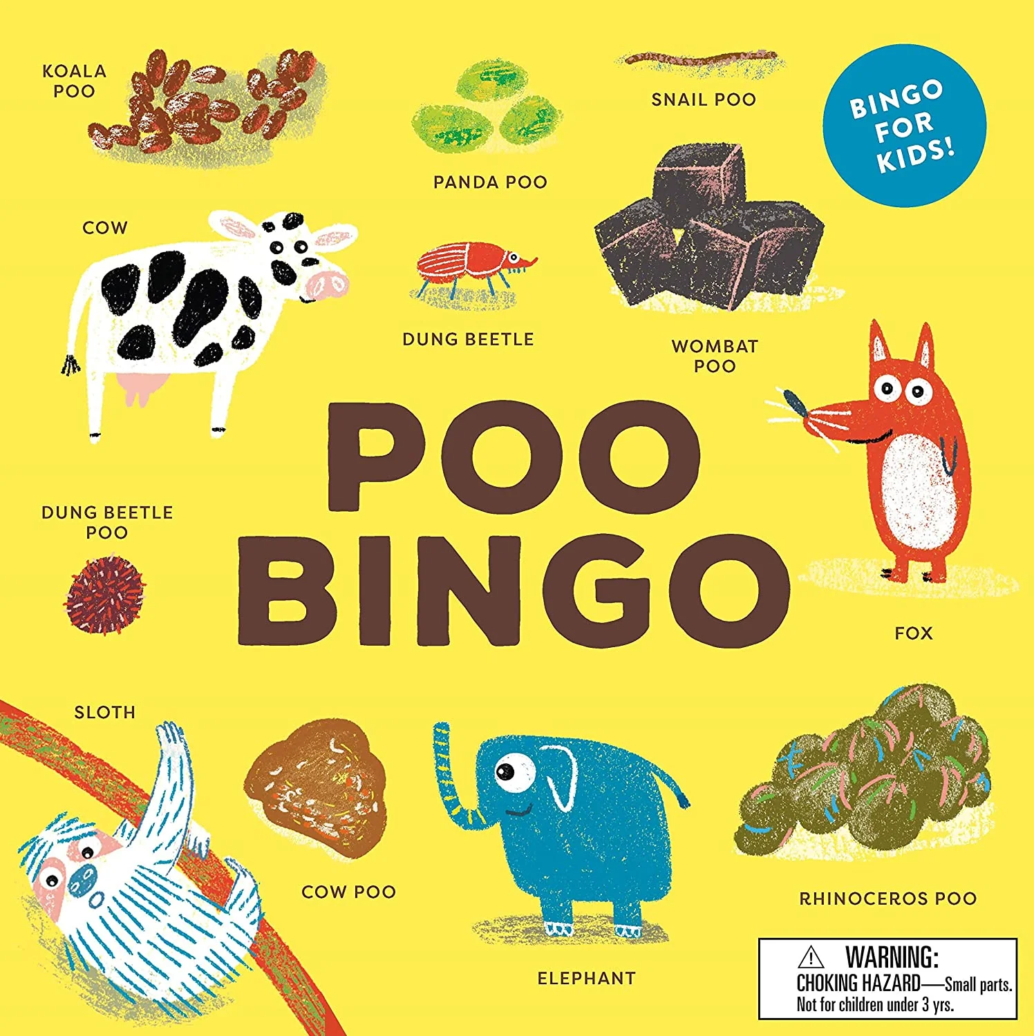 Poo Bingo box art, featuring cartoon pictures of animals and their poo