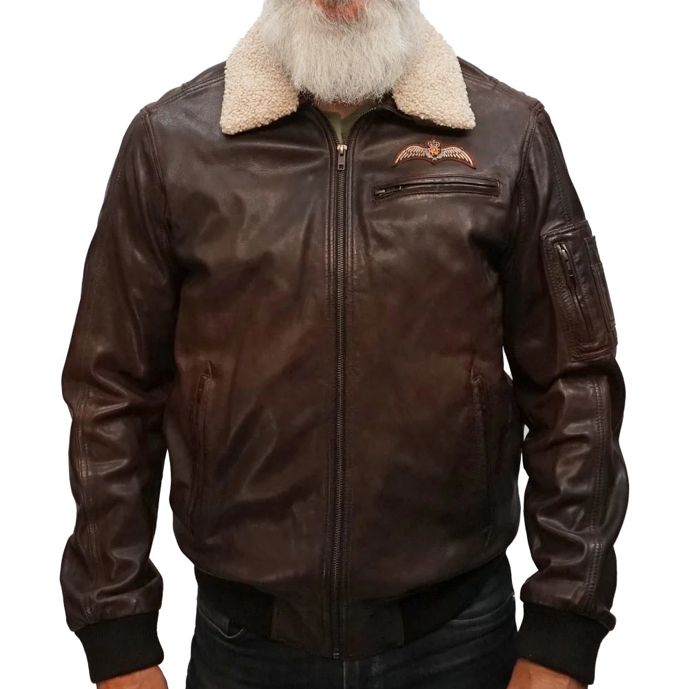 A brown leather flying jacket with fleece collar