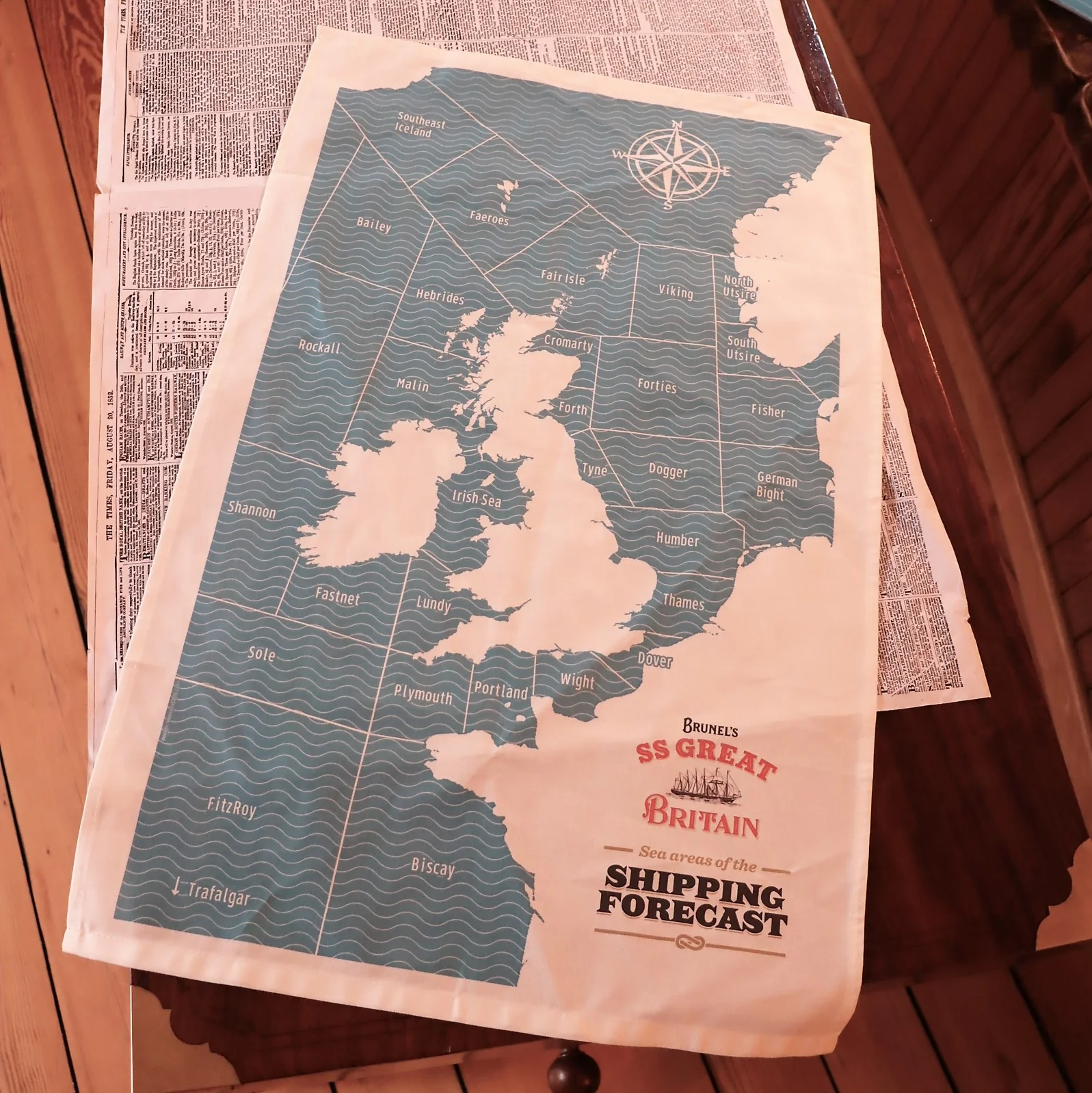 A tea towel mapping out the different areas of the shipping forecast