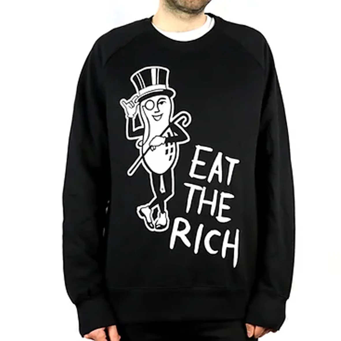 A black sweatshirt with the Planters peanut mascot and the text 'eat the rich'