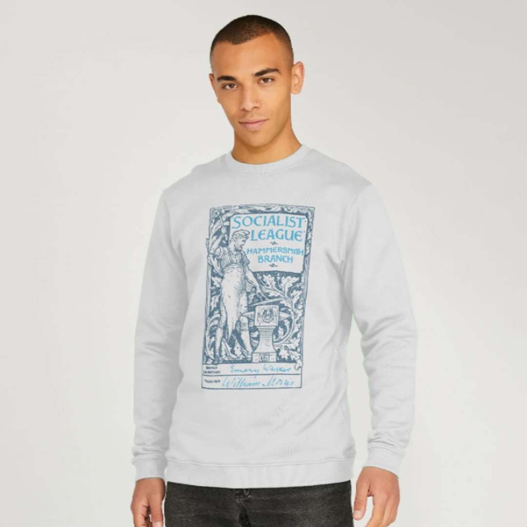 A sweatshirt with a print of William Morris' membership care for the Hmmersmith branch of the Socialist League.