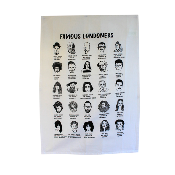 Tea towel featuring illustrations of a collection of different Londoners