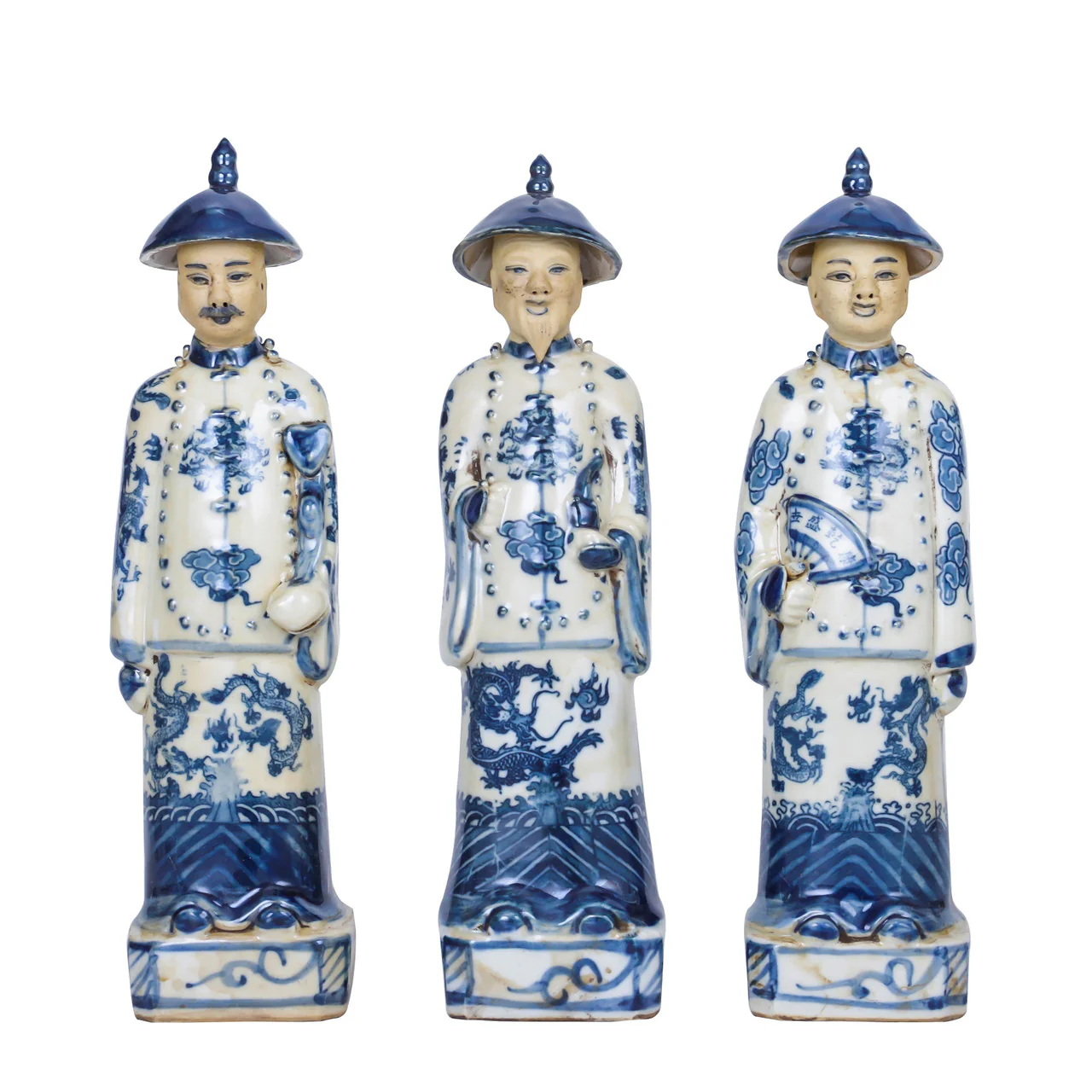 Blue And White Qing Emperors Of 3 Generations Large - Set Of 3