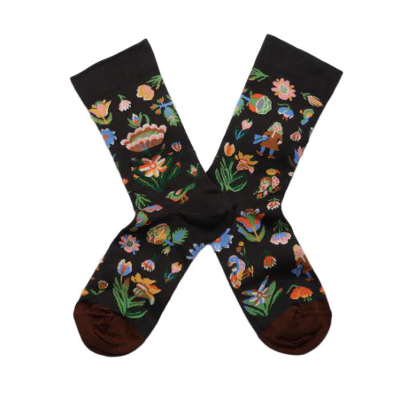 Floral tapestry black socks.