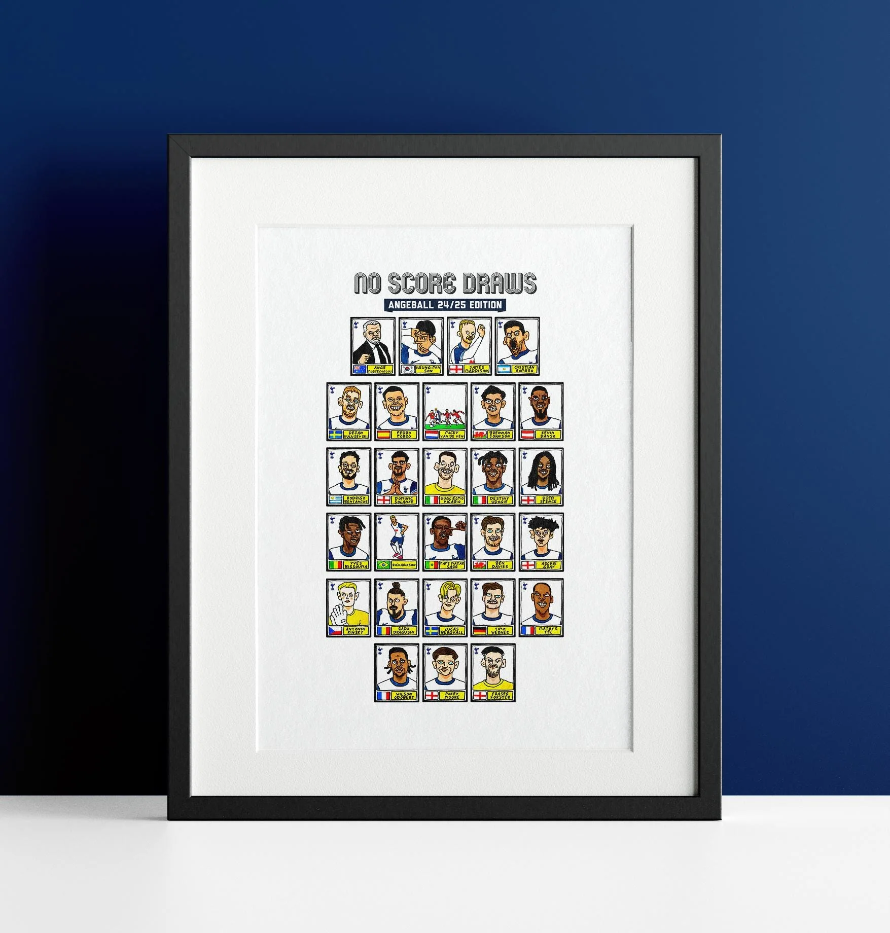 Spurs Volume 4 - No Score Draws Angeball 24-25 Edition - A3 print of 27 Wonky Panini-style football doodles of Big Ange's THFC Side