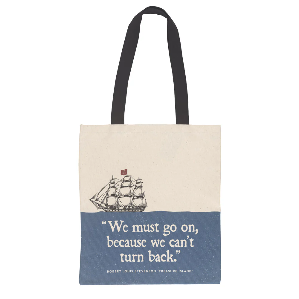 Pirates Tote Bag with Treasure Island Quote and Pirate Ship Illustration