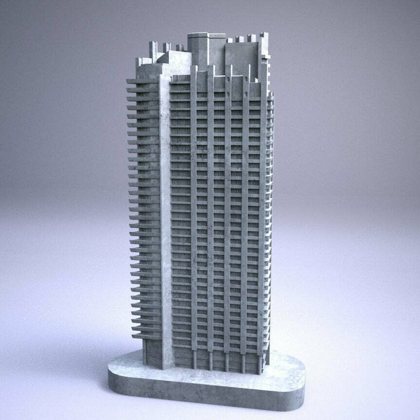 Concrete model of a brutalist tower block