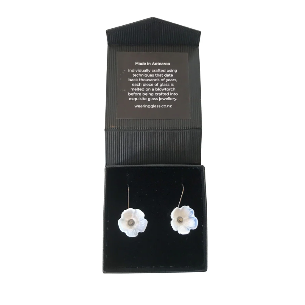 Wearing Glass Camellia Earrings