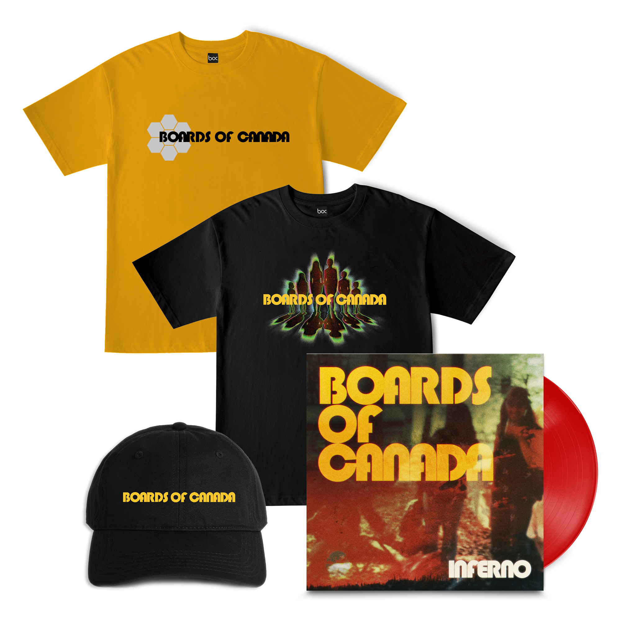 Boards of Canada InfernoTransparent Red Vinyl + Cont. Digital + Big Hex Spectra Yellow T-Shirt + Nuclear Family Black T-Shirt + Cap Bundle