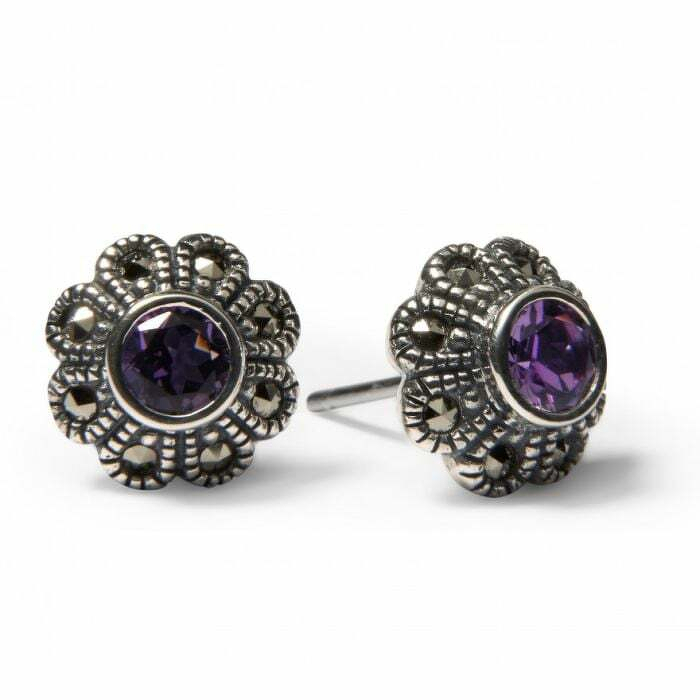 Amethyst and marcasite flower stud earrings